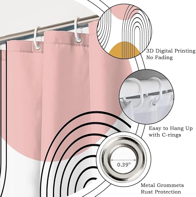 Pink and Orange Boho Shower Curtain for Bathroom Modern Abstract Minimalist Bathroom Decor Set Mid Century Arch Sun Aesthetic Bathtub Curtain Washable Waterproof Polyester Fabric with Hooks 72x96 Inch