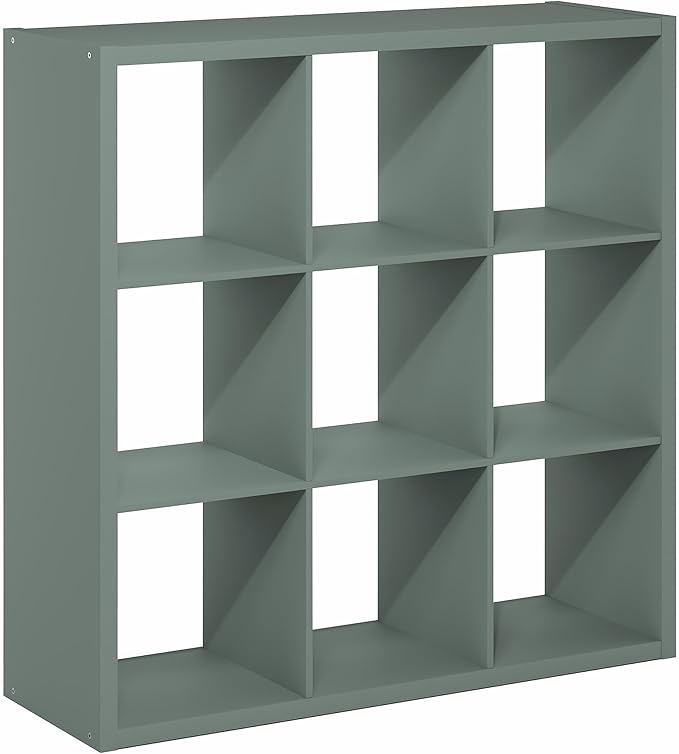 Furinno Cubicle Book Shelf, 9-Cube Bookshelf, Extra Thick Frame Reversible Bookcase with Open Back, 14.6" x 44" x 44", for Living Room, Bedroom, Home Office, Sage Green
