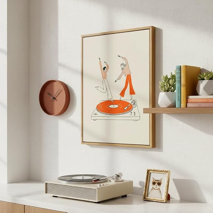 Floating Framed Funny Vinyl Record Canvas Wall Art, Dancing Girls Print Poster, Abstract Music Decor Picture, for Bar, Cafe, Kitchen, Dining Room, Restaurant, Home Decoration, 12x16in