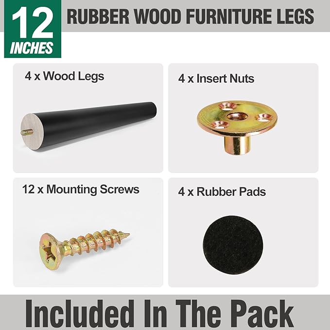FoDau770 Black Rubber Wood Furniture Legs 12 Inches, Straight Tapered Wood Feet Mid Century Sofa Legs Set of 4, 5/16" UNC Furniture Feet for Cabinet Couch Dresser Chair Ottoman Table