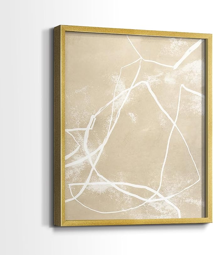 Renditions Gallery Set of 2 Peel & Stick Framed Prints, Neutral Abstract Wall Art, Beige Line Art Pattern Wall Decor, Re-Stickable - Ready to Hang - 11"x14" - GOLD Frame LT588