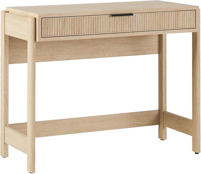 Walker Edison Transitional Office Design, Reeded Drawer Front Detail, Writing Desk with Drawer, Spacious Desktop, Complementary in Living Spaces, 38 Inch, Coastal Oak