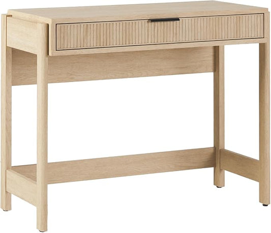 Walker Edison Transitional Office Design, Reeded Drawer Front Detail, Writing Desk with Drawer, Spacious Desktop, Complementary in Living Spaces, 38 Inch, Coastal Oak