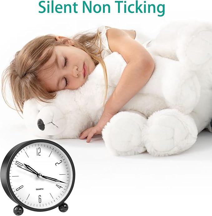 pxy Cute and Safe Alarm Clock for Kids Battery Powered (Battery Include), 4" Analog Super Silent Analog Alarm Clock with Night Light510 Black&White