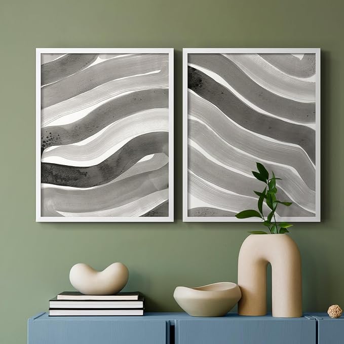 Renditions Gallery Set of 2 Peel & Stick Framed Prints, Watercolor Abstract Wall Art, Black and White Bold Brushstrokes Wall Decor, Re-Stickable - Ready to Hang - 16"x20" - White Frame LT588