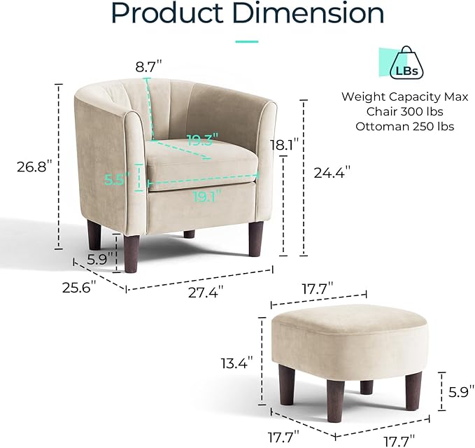 LINSY Accent Chair with Ottoman, Modern Barrel Chair Small Armchair Reading Chair with Footrest, Comfy Round Arms Chair for Living Room Bedroom Reading Room, Velvet, Cream