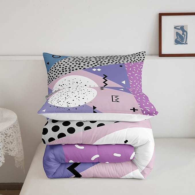 Manfei Memphis Comforter Set Full Size, Abstract Geometric Retro Bedding Set 3pcs for Kids Girls Room Decor, 80s or 90s Fashion Style Quilt Set Soft Polyester Duvet Set with 2 Pillowcases