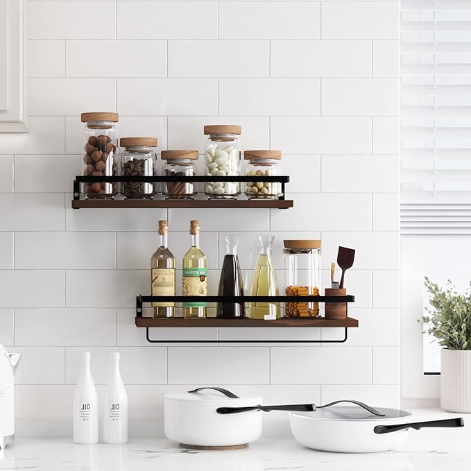Floating Shelves for Wall, Bathroom Shelves with Towel Bar, Wall Mounted Storage Shelves for Kitchen, Bathroom, Set of 2 Brown