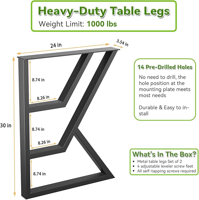 Upgraded 3 Tier Table Legs 30 inch x 24 inch, K-Shaped Desk Legs, Heavy Duty Metal Legs for Table, Black Furniture Leg for Dining Table Office Computer Desk (Set of 2)…