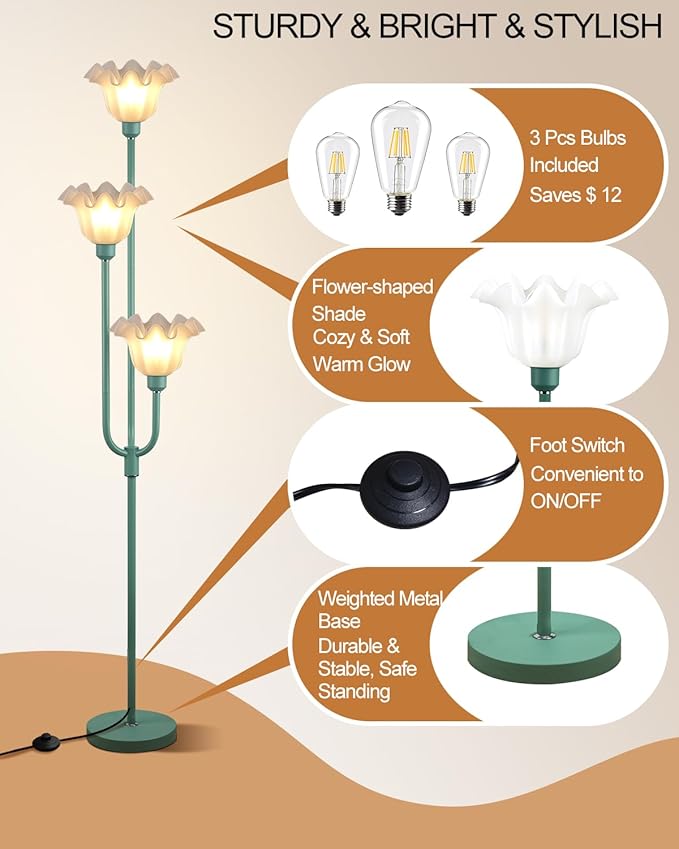 Flower Floor Lamp for Living Room, Dimmable Vintage Floor Lamp with Shelf & LED Bulbs, 3 Light 3000K Soft Warmwhite Mid Century Gold Standing Lamp, Floral Tall Lamp for Bedroom Office-Green