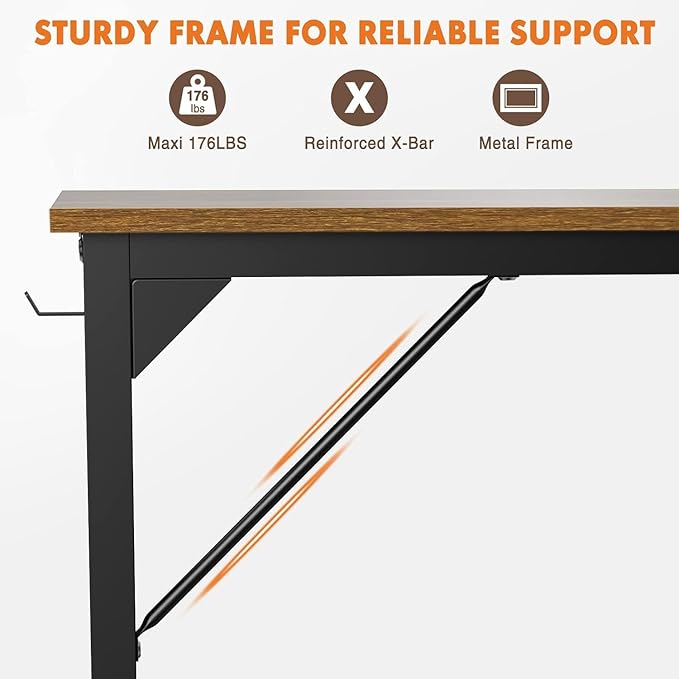 Sweetcrispy Computer Office Desk 55 Inch Student Study Writing Work with Metal Frame Wood Tabletop Modern Simple PC Home Bedroom Table, Rustic Brown, Compact Sturdy Desk for Laptop, Study, Gaming