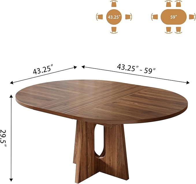 59-Inch Extendable Round Dining Table for Dining Room, 4-6 People Farmhouse Oval Wood Expandable Kitchen Dinner Table with Heavy Cross Pedestal for Living Room, Apartment, Dark Brown Walnut