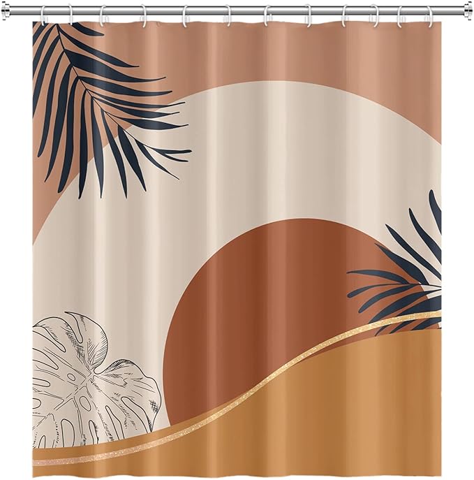 Abstract Mid Century Boho Bathroom Shower Curtain - Orange Sun Eucalyptus Leaves Shower Curtain with Hooks - Waterproof Polyester Fabric - 48x72 Inch