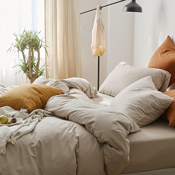 Omelas Beige Duvet Cover Queen Size Taupe Khaki Apricot Solid Color Bedding Set 3 Pcs Soft Microfiber Comforter Cover with Zipper Ties for Women Men