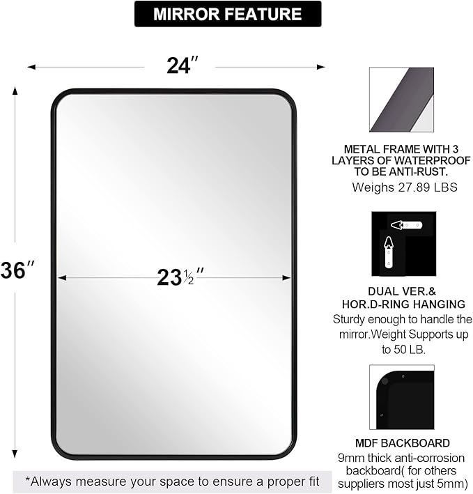ANDY STAR 24x36 Inch Black Bathroom Mirror, Rounded Rectangle Mirrors for Bathroom Vanity Tube Metal Framed Wall-Mounted Vertically/Horizontally for Home Decor