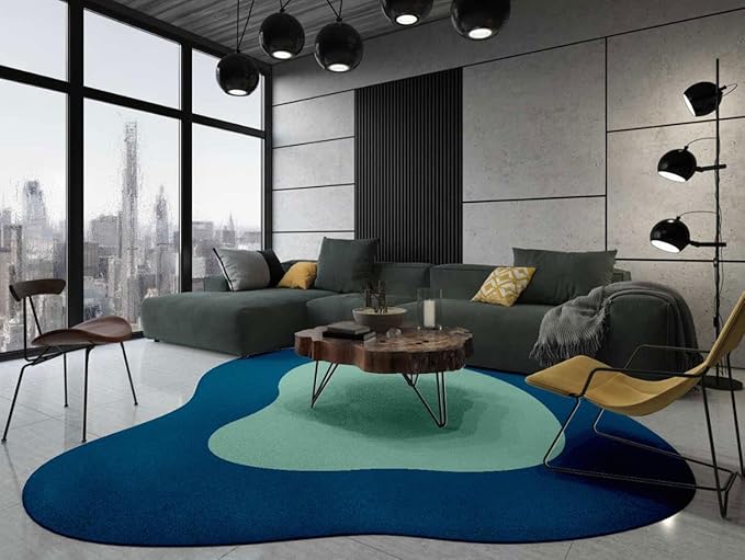 Modern Abstract Irregular Shaped Area Rug Navy Blue Mint Green Irregular Rug for Living Room Bedroom Nursery Ultra Soft Washable Thick Carpet Boho Playroom Apartment Stain Resistant Floor Mats 5ft