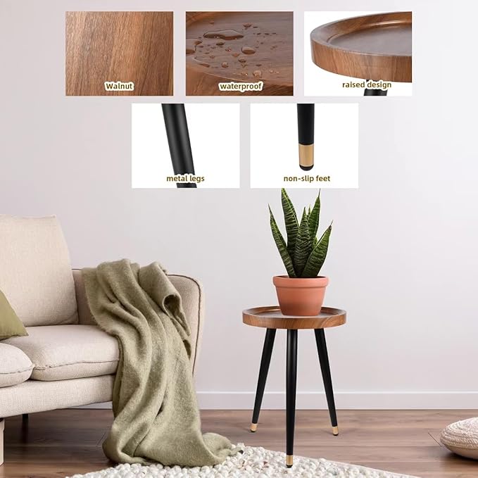 KGPLOME 2 Pack Indoor Plant Stand with Raised Design, Table with Metal Tall | 11.8"x17" Walnut Round Wood Mid Century Plant End Table Heavy Duty Small Side Flower Pot Stand