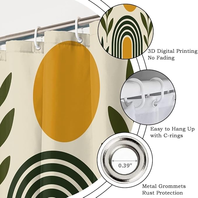 Modern Boho Shower Curtain for Bathroom Abstract Minimalist Bathroom Decor Set Green Leaves Arch Sun Bathtub Curtains Machine Washable Waterproof Polyester Fabric with Hooks 54x72 Inch