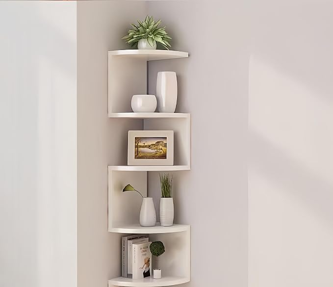No-Drill Corner Shelf Wall Mount, 5-Tier Floating Corner Bookshelf with Hooks, Space-Saving Zigzag Plant Shelf for Bedroom, Living Room, Bathroom, Home Office