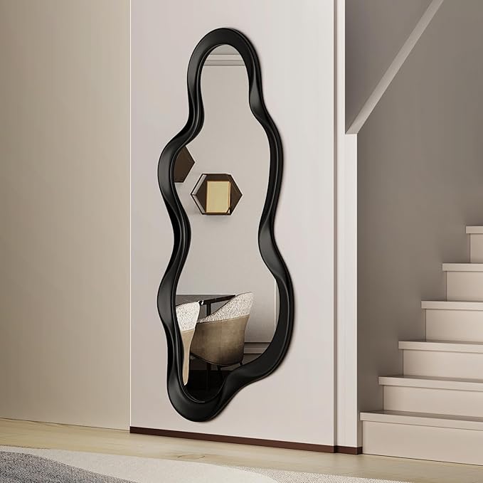 48"x 22" Irregular Wall Mirror, Wood Black Framed Wall Mirror, Asymmetrical Wall Wavy Mirror for Living Room Bedroom Entryway Bathroom Modern Decorative Mirror with Hanging Hooks