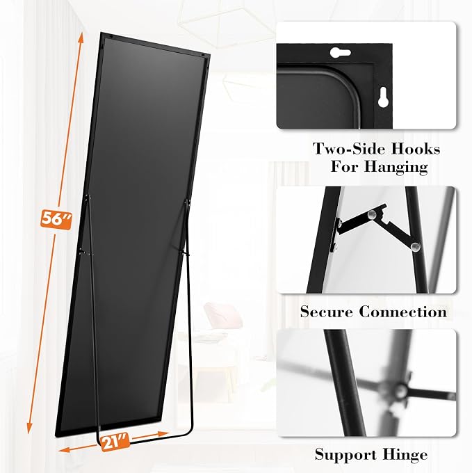 OLIXIS Black Full Length Mirror 60"x16" for Bedroom, Full Body Floor Mirror with Stand, Hanging or Leaning for Wall, Aluminum Alloy Thin Frame Floor Standing for Living Room, Long
