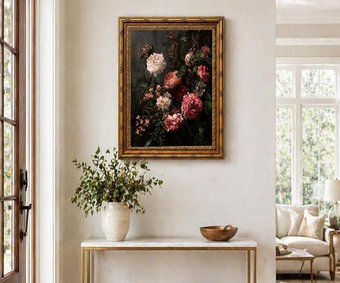 Dark Romantic Floral Wall Art Vintage Botanical Painting Moody Flower Still Life Print Gothic Dark Academia Wall Decor Antique Style Floral Picture Framed Vintage Frame 12x16 Inches