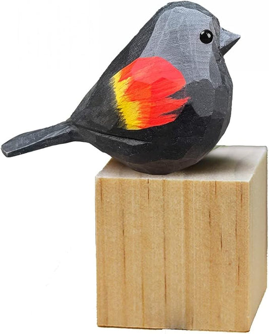 Bird Figurines Hand Carved Painted Wooden Statues for Home Decor, Gift for Bird Lovers,Housewarming, Birthday, Christmas, Anniversaries (NO.21-Red-Winged Blackbird)