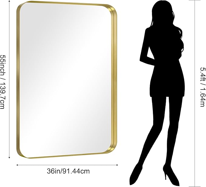CIRCUMI Gold Bathroom Mirror, 36"x55" Rectangular Mirror with Deep Metal Frame, Rounded Corner, Tempered Glass, Large Mirror for Wall, Over 2 Sinks, Installed Vertically/Horizontally, Crystal-Clear