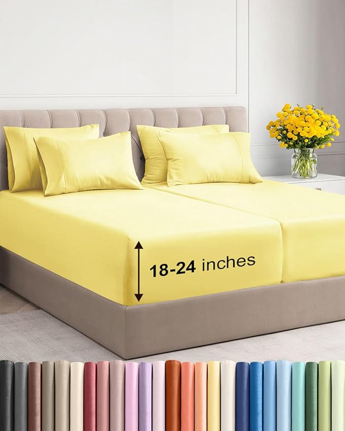 Extra Deep Split King Sheet Set - 7 Piece Breathable and Cooling Sheets - Hotel Luxury Bedding for Women, Men, Kids & Teens - Easy & Secure Fit - Soft and Wrinkle Free - Extra Deep Pockets - Yellow