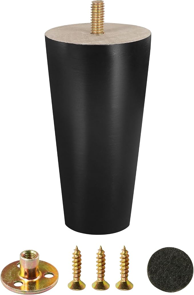 FoDau770 Black Rubber Wood Furniture Legs 7 Inches, 5/16" UNC Straight Tapered Wood Feet Mid Century Sofa Legs, Wooden Furniture Feet Replacement Parts for Cabinet Couch Dresser Chair Ottoman Table