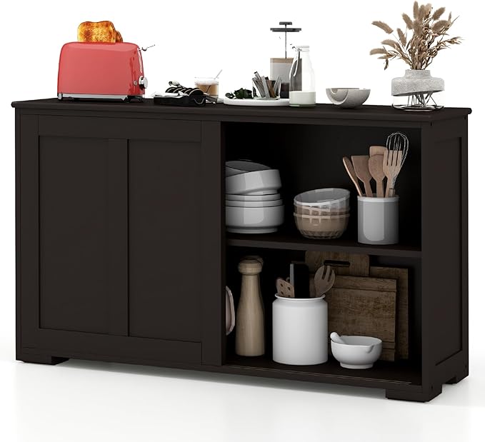 Buffet Cabinet Sideboard, Wood Storage Credenza Cupboard with Adjustable Shelf & 2 Sliding Doors, Stackable Coffee Bar Cabinet Console Table for Dining Room, Living Room, Kitchen (1, Black)