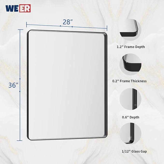 WEER Black Bathroom Mirror for Wall 28X36 Inch, Rectangular Black Metal Framed Vanity Mirror, Farmhouse Bathroom Mirror with Tempered Glass, Rounded Corner, Anti-Rust (Horizontal/Vertical)