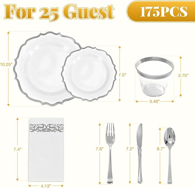 175 Plastic Dinnerware Set,Silver Disposable Dinnerware Set for 25 Guests Include 50 Plastic Plates,25 Silverware Set,25 Cups and 25 Napkins for Christmas,Party,Wedding,Thanksgiving
