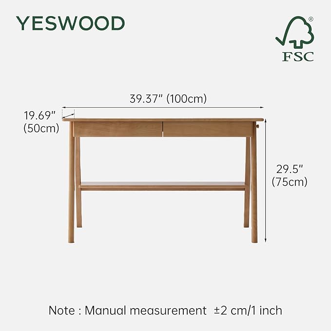 YESWOOD 100% Solid Wood Desk with Drawers, Mid Century Modern Oak Desk, Home Office Computer Desk for Study Writing 39.37" W