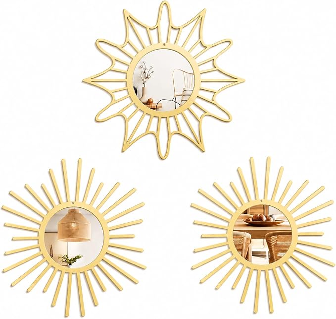 OYEFLY Sunburst Mirrors for Wall Decor 3 Pack Sun Mirror Wall Art Living Room Bedroom Entryway Boho Metal 12 Inch Gold