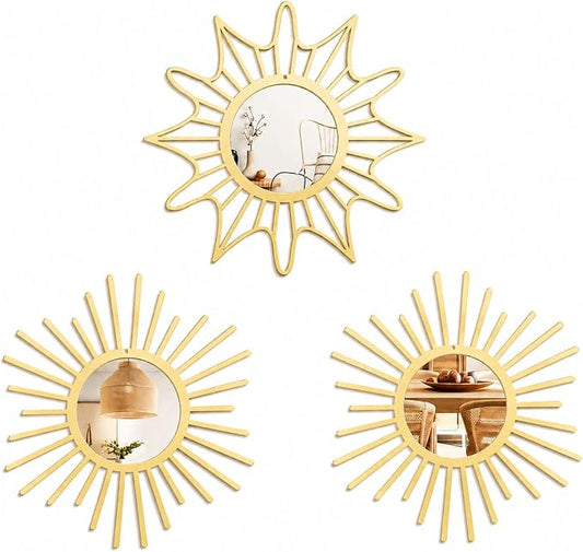 OYEFLY Sunburst Mirrors for Wall Decor 3 Pack Sun Mirror Wall Art Living Room Bedroom Entryway Boho Metal 12 Inch Gold