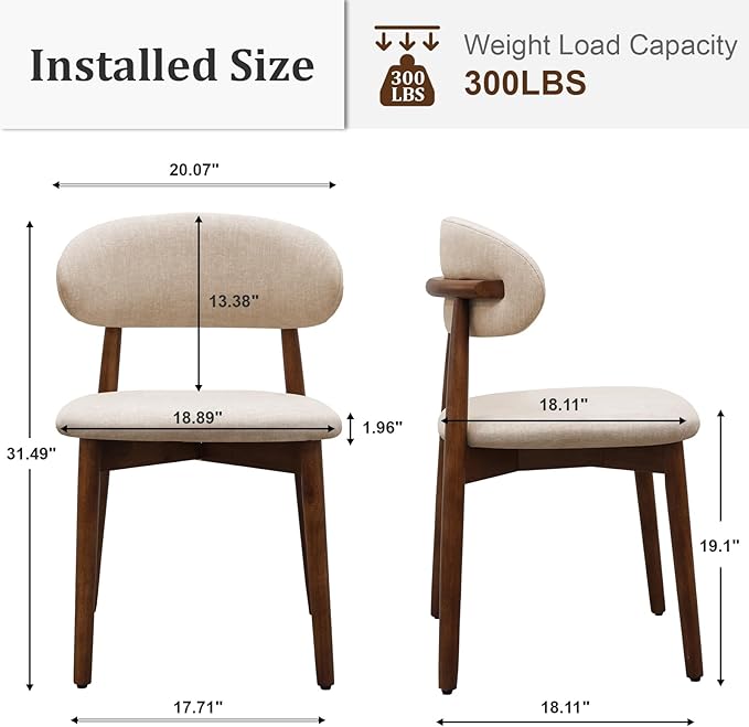 Farmhouse Dining Chairs Set of 2, Mid Century Modern Fabric Upholstered Kitchen Chairs, Wooden Dining Room Chair with Curved Back for Kitchen Dining Room Restaurant Cafe, Light Camel(Only Chairs)