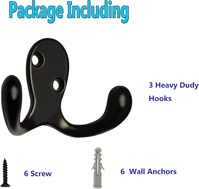 3 Pack Black Double Prong Coats Towel Hooks For Bathrooms Wall Mounted Shower Rustproof, 1.37 Oz Retro Wall Hooks Heavy Duty Hanging Towels Coat Hat Loofah Robe Key Scarf Bag Cap Kitchen Accessories
