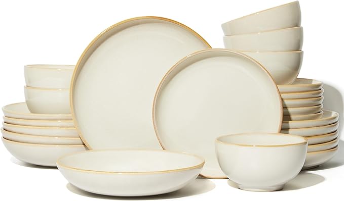 24 Piece Double Bowl Dinnerware Sets with Pasta Bowls, Highly Chip and Crack Resistant Plates and Bowls Sets, Natural Earthyware Ceramic Dishware Sets, Service for 6 Yellow White