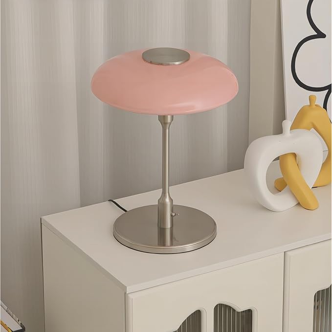 Table Lamp, Metal and Glass Modern Bedside Lamp, Decorative Table Light, Table Lamp for Living Room Bedroom Study Room, 12.6 * 16.5 Inch, Chrome & Pink
