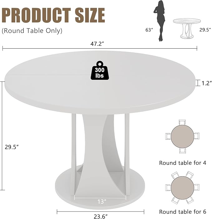 Einhomn Round Dining Table for 4-6, Kitchen Table with Sturdy Double Arc & Rounded Base & Backboard Clasp Desktop, Mid-Century Modern Circle Dinner Table for Dining Living Room, Space Saving, White