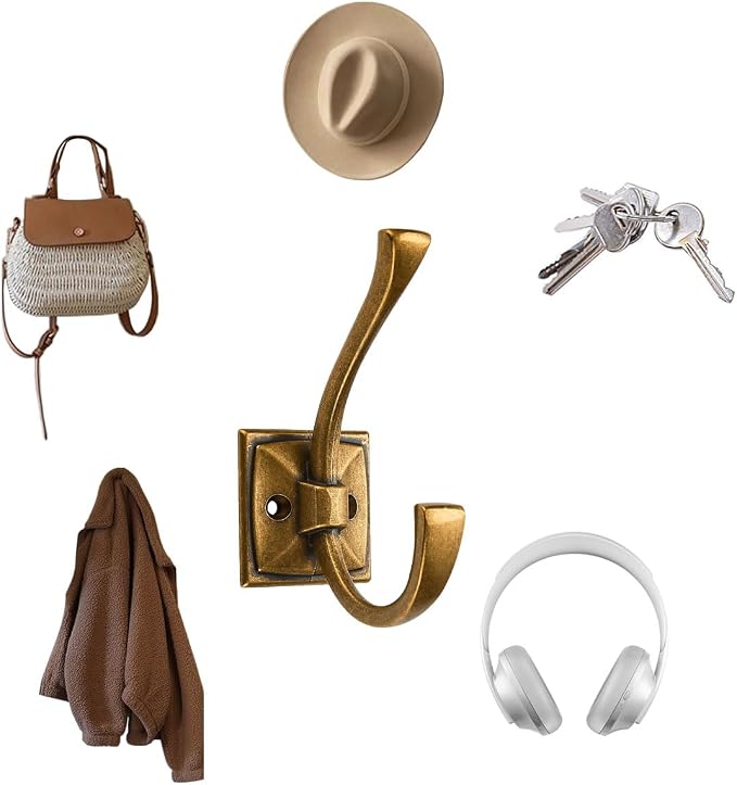 2 Pack Decorative Heavy Duty Towel Hooks for Hanging Robe Double Vintage Antique Brass Coat Hooks Wall Mounted with Screws for Key, Towel, Bags, Cup, Hat