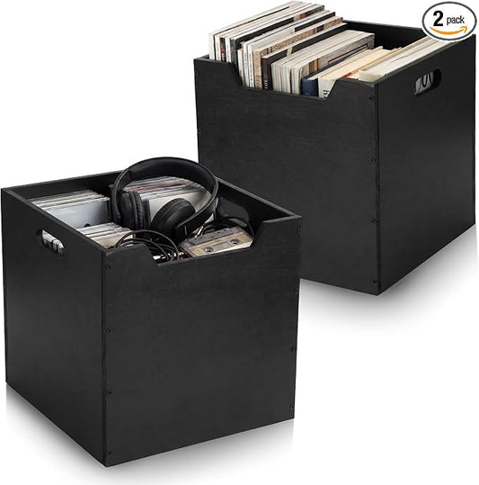 Colingmill 2 Pack Wooden Storage Box Bins Wood Crate with Open Front Stackable Cube Storage Organizer Bins for Books Records Home Pantry Clothes Toy Closet (13 Inch,Black)