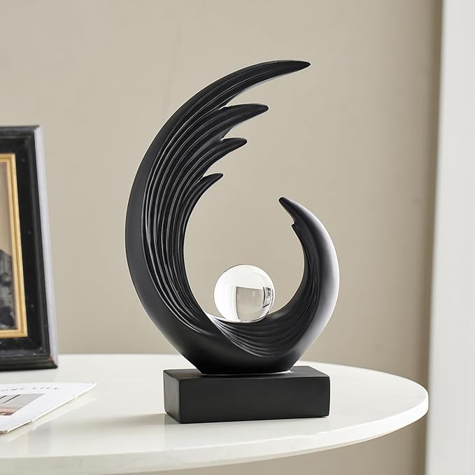 Modern Abstract Art Sculptures, Gold Entryway Table Accents, Black Shelf Decor Accents, Abstract Art Resin Sculpture for Dining Room, Office & Coffee Table – Centerpiece Fireplace Decor (Black)