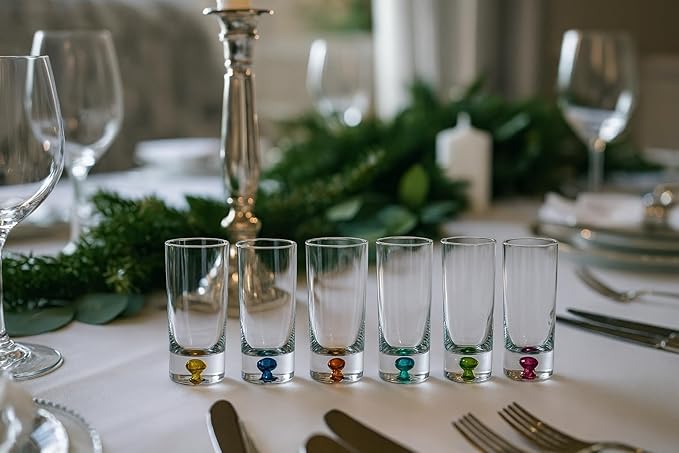 Barski Shot Glasses - Liquor Glass - Set of 6 - Crystal Glass - Assorted Colored Bubble in Base - Thick Base - 1.25 Oz. for Vodka, Whiskey, Tequila - Espressos - Spirits & Liquors - Made in Europe
