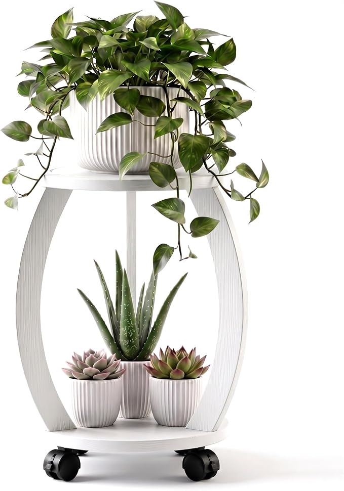 2 Tier Wooden Plant Stand Indoor with Wheels – Tall Plant Stand for 6-12 Inch Pots, Mid-Century Modern Rustic Plant Table Indoor, Pedestal Stand for Corner, Living Room, Balcony, White