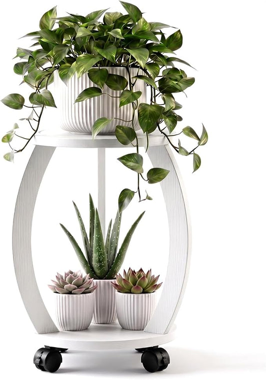2 Tier Wooden Plant Stand Indoor with Wheels – Tall Plant Stand for 6-12 Inch Pots, Mid-Century Modern Rustic Plant Table Indoor, Pedestal Stand for Corner, Living Room, Balcony, White