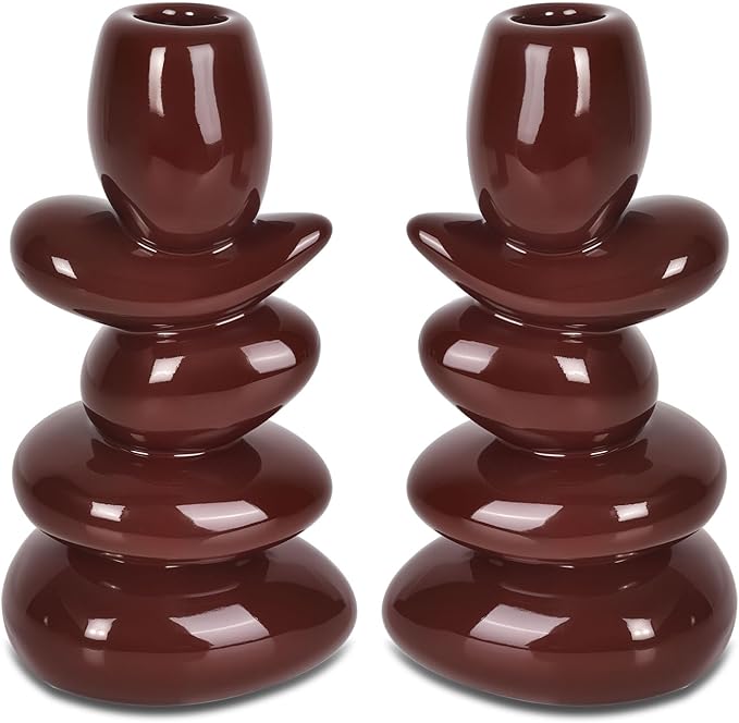 Faux Pebble Candlestick Holders, Set of 2 Taper Candle Holders Modern Farmhouse Candle Stick Holders for Home Decor Table Centerpieces,Fits 0.87'' Thick Candles (Coffee Brown)