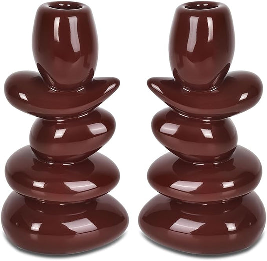 Faux Pebble Candlestick Holders, Set of 2 Taper Candle Holders Modern Farmhouse Candle Stick Holders for Home Decor Table Centerpieces,Fits 0.87'' Thick Candles (Coffee Brown)