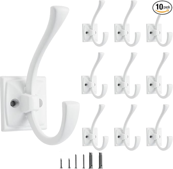 10 Pack Decorative Heavy Duty Towel Hooks for Hanging Robe Double White Coat Hooks Wall Mounted with Screws for Key, Towel, Bags, Cup, Hat
